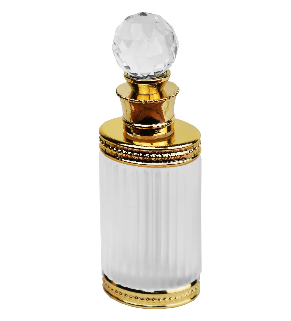 14 ml clear glass royal pour bottle with tall shiny gold screw cap